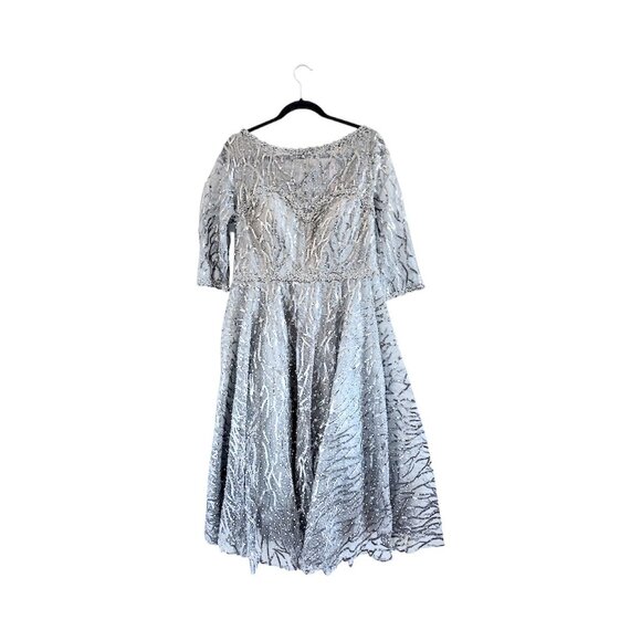 MAC DUGGAL 20252 High Neck Elbow Sleeve Embellished A-Line Dress Size 12 Silver - Picture 3 of 11